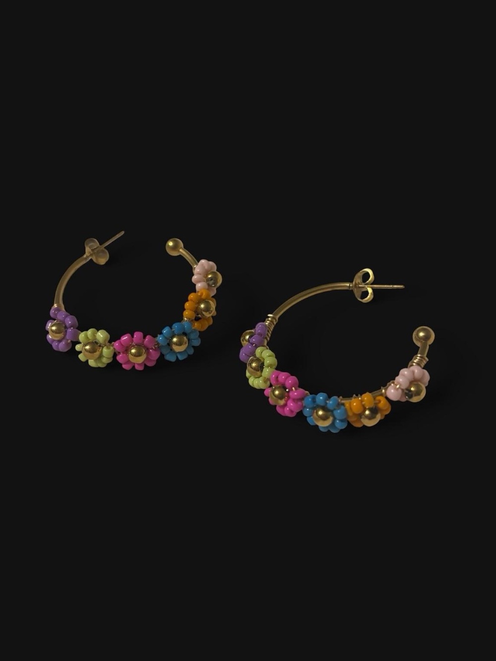 Tuscan artisan floral beaded gold tone hoop earrings